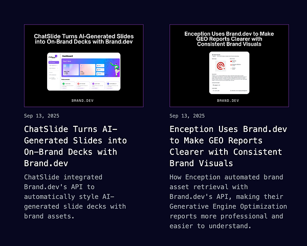 The image features two case studies related to Brand.dev, showcasing their applications in different contexts.
