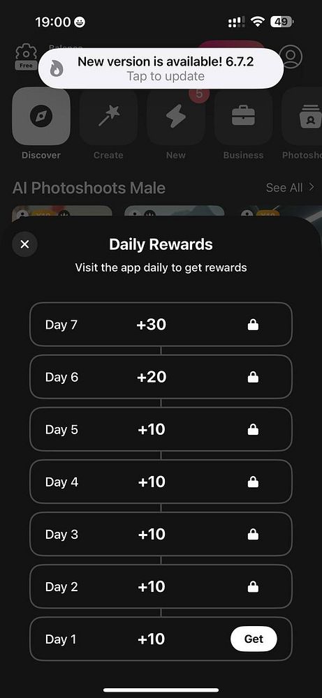 The image displays a mobile app interface showing a daily rewards system.