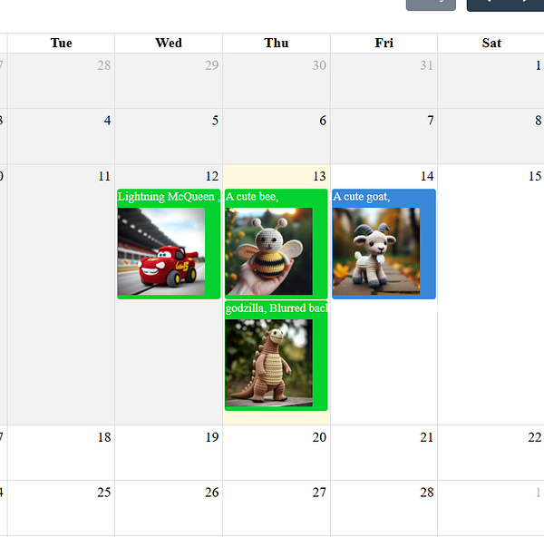 A calendar layout displaying various events with images and descriptions for specific days.