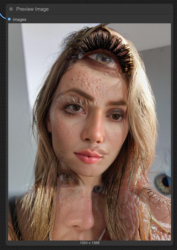 A surreal image featuring a woman's face with multiple overlapping facial features and textures.