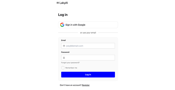 A login form for LakyAI featuring options for Google sign-in and email login.