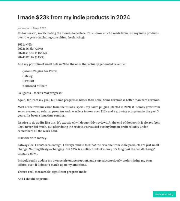 The image features a detailed blog post discussing earnings from indie products in 2024.