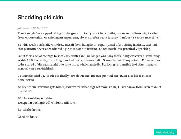 A reflective blog post discussing personal growth and career changes.