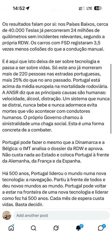 Screenshots of a tweet on a mobile interface about Tesla Full Self-Driving in Portugal.
