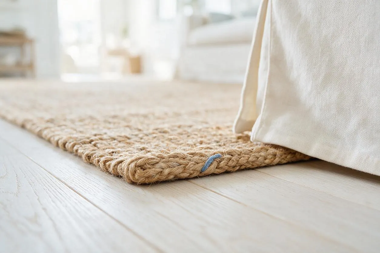 A close-up of a thick braided natural fiber rug resting on a whitewashed wood floor beside a soft white upholstered piece. The scene is bright and airy, with a subtle blue thread detail in the rug reinforcing the coastal palette.