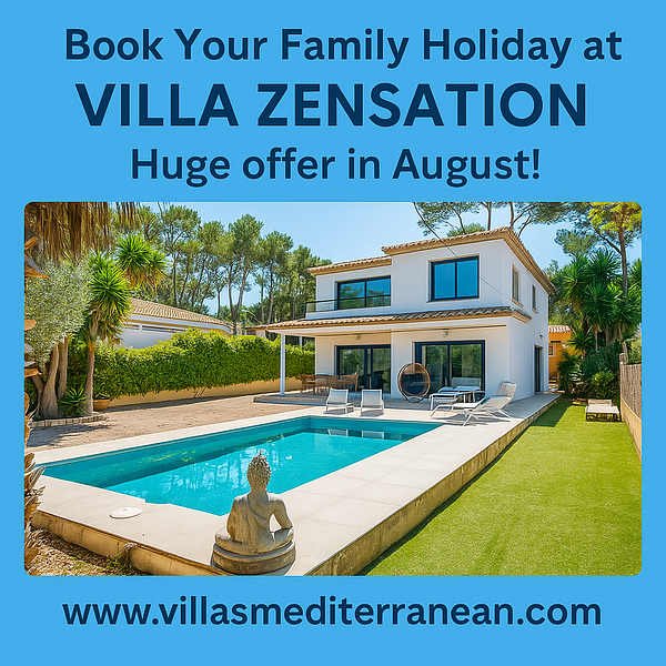 A beautiful villa with a swimming pool and lush greenery, promoting a family holiday offer.