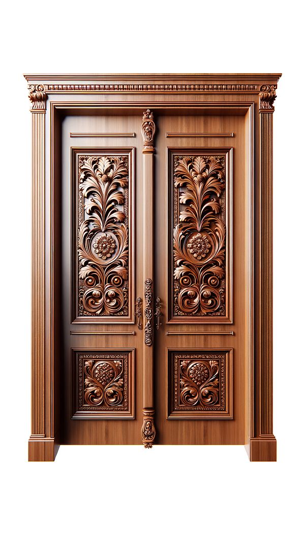 A beautiful wooden door adorned with intricate floral onlays at the top and along the edges, adding an elegant, ornamental touch to the design.