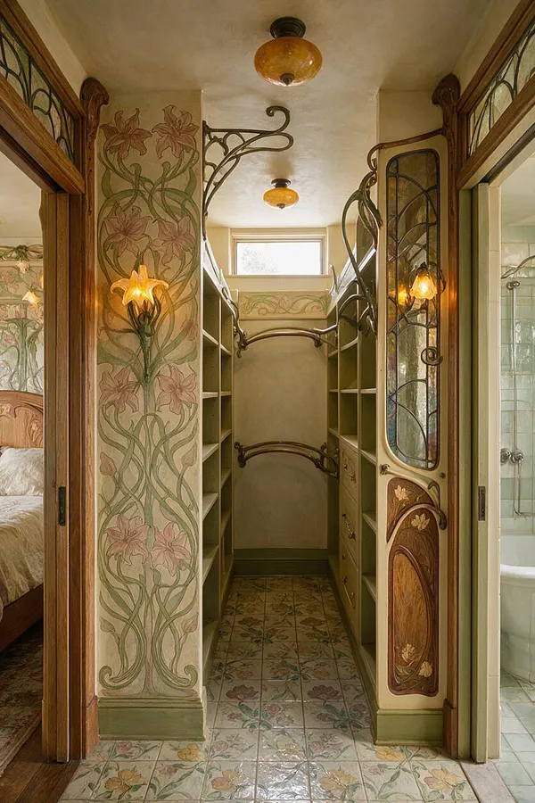 A narrow walk-in closet in Art Nouveau style with hand-painted floral wall murals, curved decorative woodwork, and open shelving on both sides. The floor is covered in patterned floral tile, and warm amber ceiling lights add a soft glow.