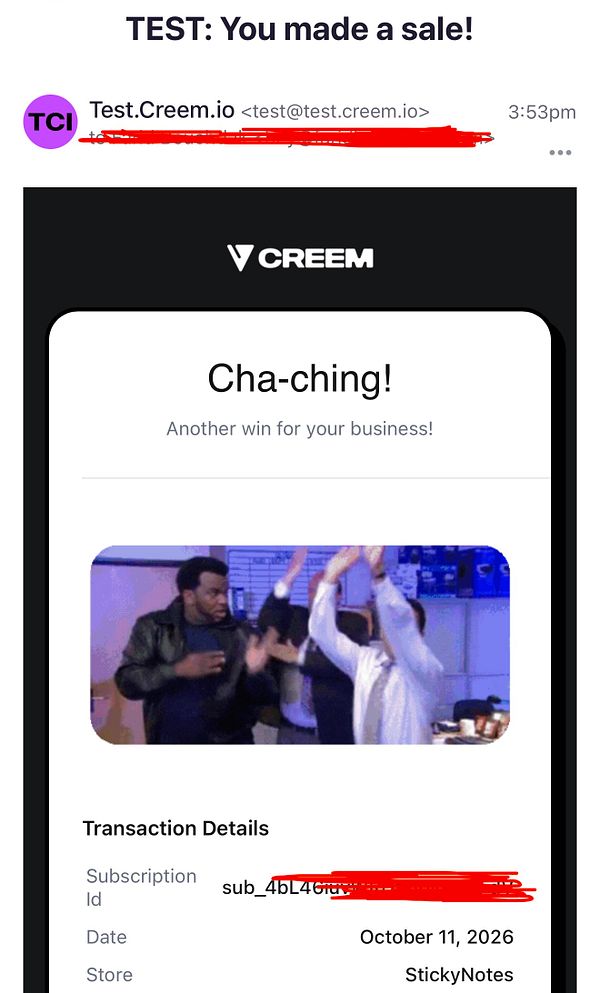 Email notification from Creem.io confirming a sale with transaction details and a celebratory GIF.