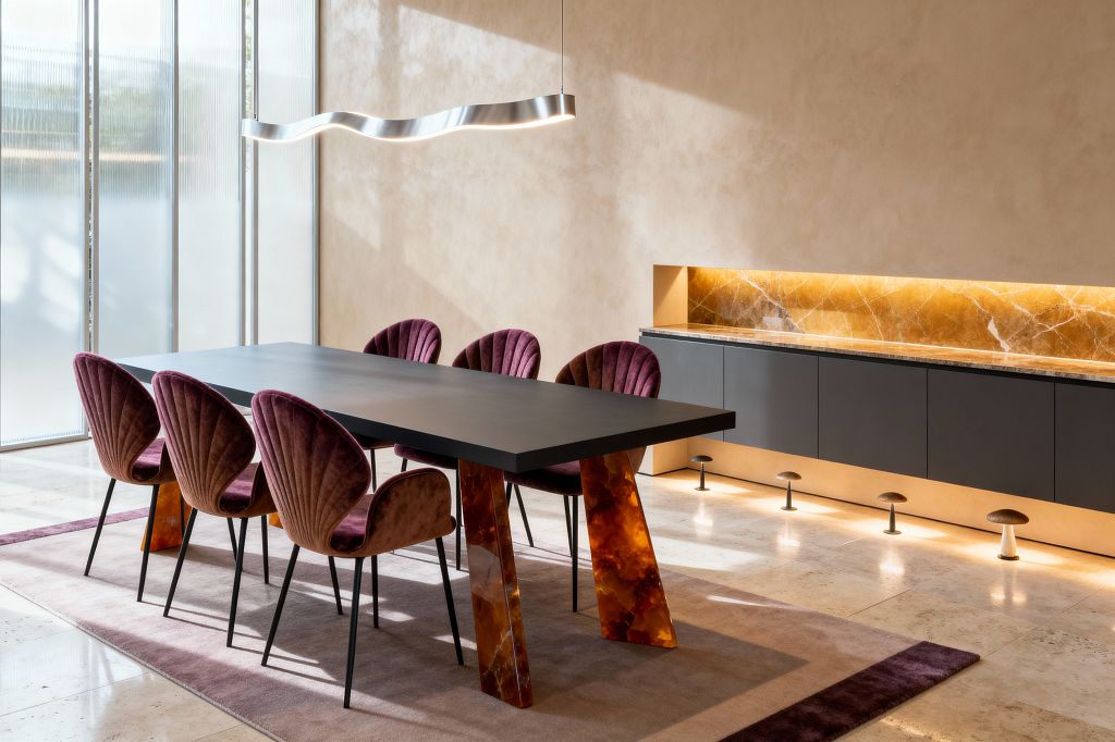 A contemporary dining room features a matte black rectangular table with amber onyx slab legs, surrounded by six scallop-backed chairs upholstered in plum velvet on slender black metal legs. A floating graphite credenza with a dark stone top sits beneath a backlit honey onyx niche; frosted floor-to-ceiling glass diffuses daylight, while a wavy aluminum LED pendant and small floor uplights warm the light travertine floor and pale plaster walls.
