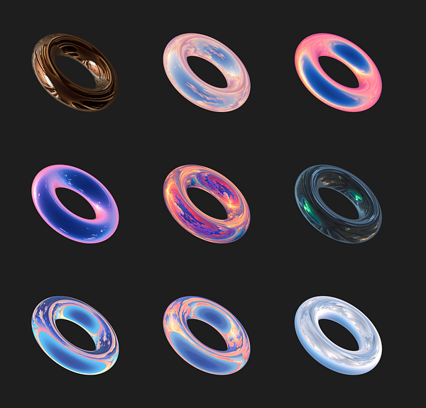 The image displays a grid of nine distinct toroidal shapes with various textures and colors.