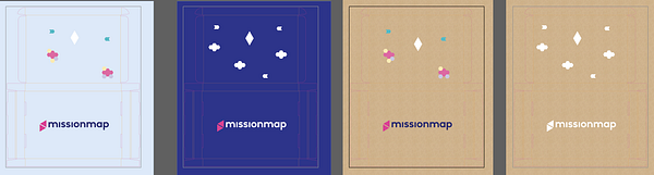 The image displays four design options for a box intended for a basic workshop kit labeled 'missionmap'.