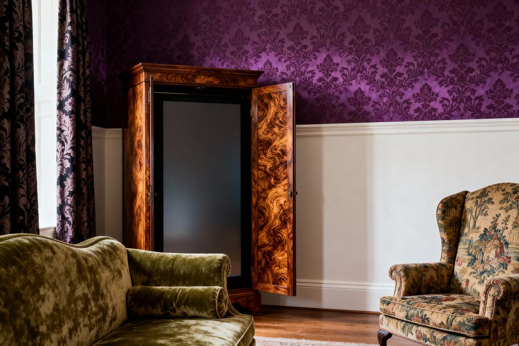 A traditional media room features a walnut burl armoire with open doors revealing a flat-screen TV, set against purple damask wallpaper and white wainscoting. An olive velvet sofa with bolster pillows sits opposite a tapestry-upholstered wingback chair, with heavy patterned curtains and hardwood flooring lit by soft daylight from a nearby window.