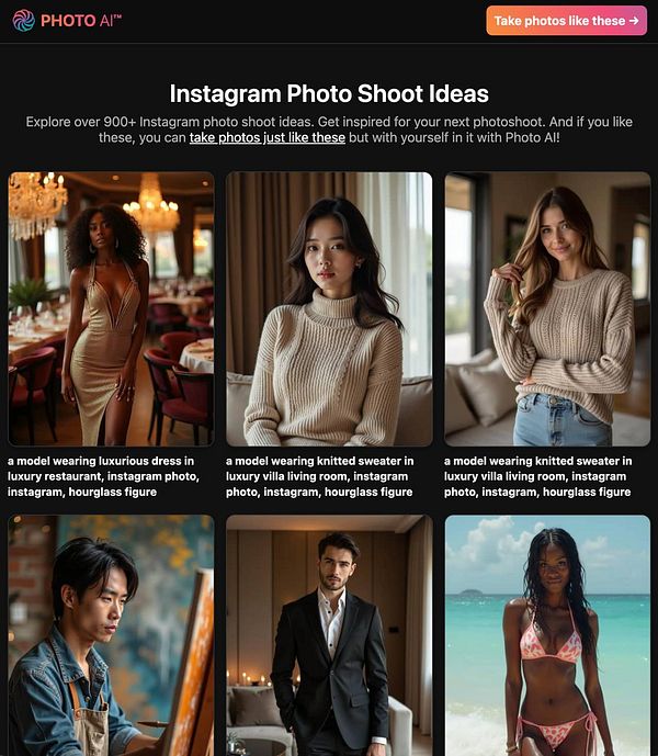 A collage of Instagram photo shoot ideas featuring models in various stylish outfits and settings.