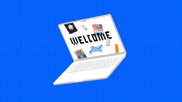 A stylized laptop displays a vibrant welcome message surrounded by various artistic elements.