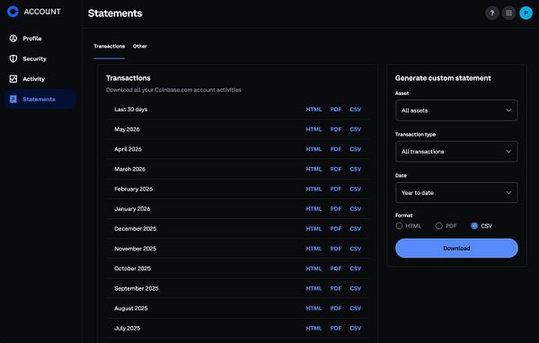 Screenshot of Coinbase trade data with columns for date, asset, quantity, price, fees, and total value.