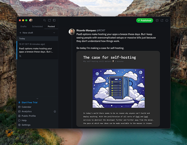 A tweet discussing the benefits of self-hosting, featuring an illustrative graphic of a server.
