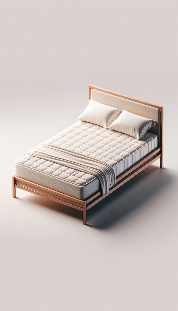 A neatly made bed with a slim bunkie board visible between the mattress and the bed frame, highlighting its low-profile design.