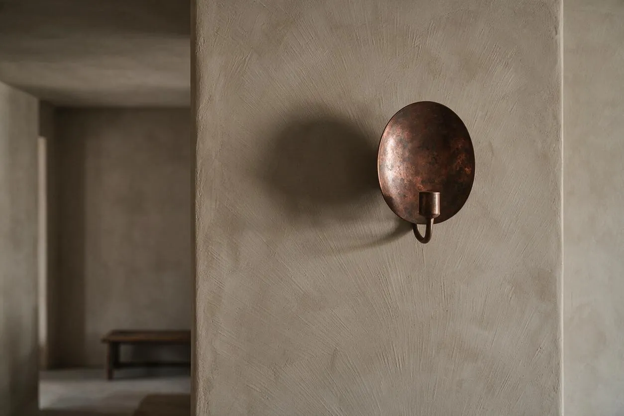A minimalist interior detail shows a rough plaster wall in warm beige tones with a small oval copper wall sconce casting a soft shadow. In the background, an open room with matching earthy plaster walls and a low wooden bench reinforces the calm Wabi-Sabi atmosphere.