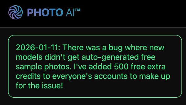 Screenshot of a credit balance update notification from PhotoAI showing the addition of 500 free credits.