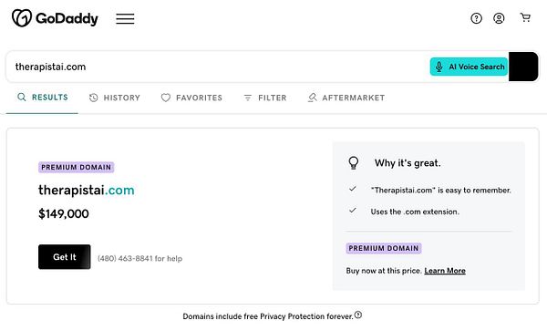 The image displays a GoDaddy interface showcasing the domain therapistai.com for sale.