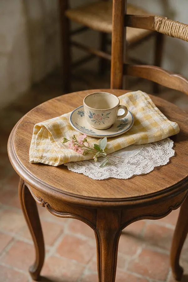 A small round wooden side table is styled with a floral teacup and saucer, a folded yellow gingham cloth, white lace, and a sprig of pink flowers. A bentwood chair and warm terracotta floor tiles create a cozy French Country atmosphere.