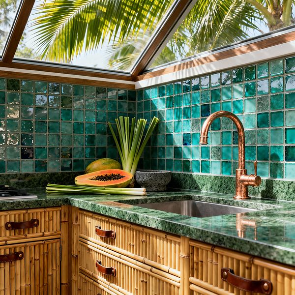 A sunlit tropical kitchen corner beneath a glass roof shows palm fronds overhead and light playing across teal and aqua square tiles. An emerald green stone countertop holds an undermount stainless sink with a warm copper faucet. Bamboo-front drawers with leather strap pulls line the base cabinetry, with a small gas cooktop at the left. On the counter sit a halved papaya, lemongrass stalks, and a stone mortar, creating a fresh indoor-outdoor atmosphere.