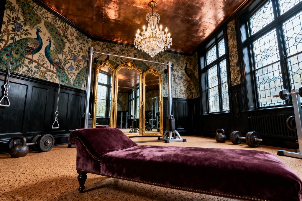 A luxurious Victorian-style home gym featuring a deep-plum velvet chaise lounge in the foreground, an ornate gold trifold mirror behind a cable machine, and a crystal chandelier hanging from a burnished copper ceiling. Black wainscoting and peacock-patterned wallpaper line the walls, while leaded-glass windows illuminate cork flooring scattered with kettlebells, barbells, and weight plates.