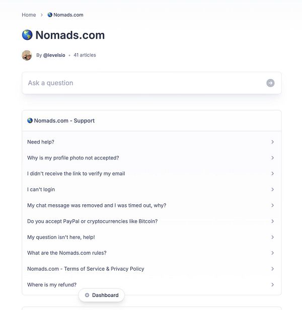 The image displays a support page for Nomads.com with various help topics listed.