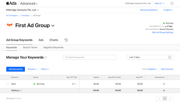 The image displays the Apple Ads interface for managing an ad group focused on the keyword 'Yay'.