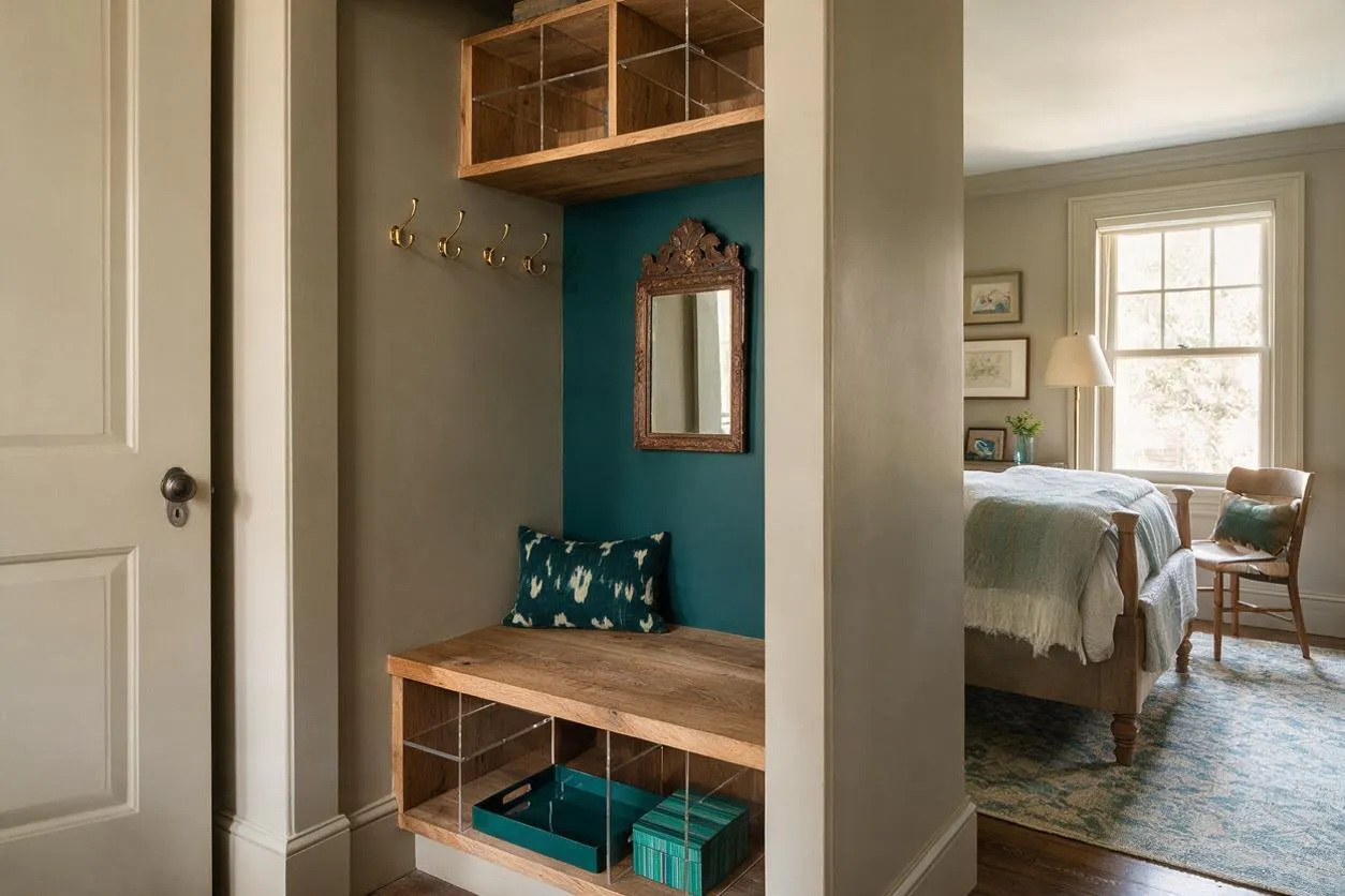 A small eclectic closet nook with a built-in wood bench, cubby storage, brass hooks, and a teal accent wall. An ornate mirror, patterned pillow, and clear upper cubbies add character, while a nearby bedroom with soft neutrals is visible through the opening.
