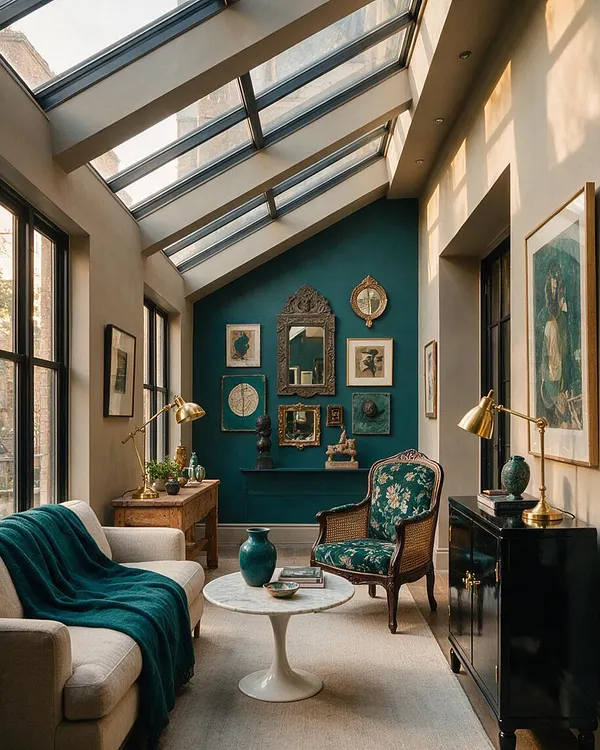 A bright sunroom with a slanted glass roof, teal accent wall, and a mix of vintage and modern furnishings. The space includes a beige sofa with a teal throw, a floral upholstered armchair, brass desk lamps, framed artwork, a marble coffee table, and a glossy black cabinet.