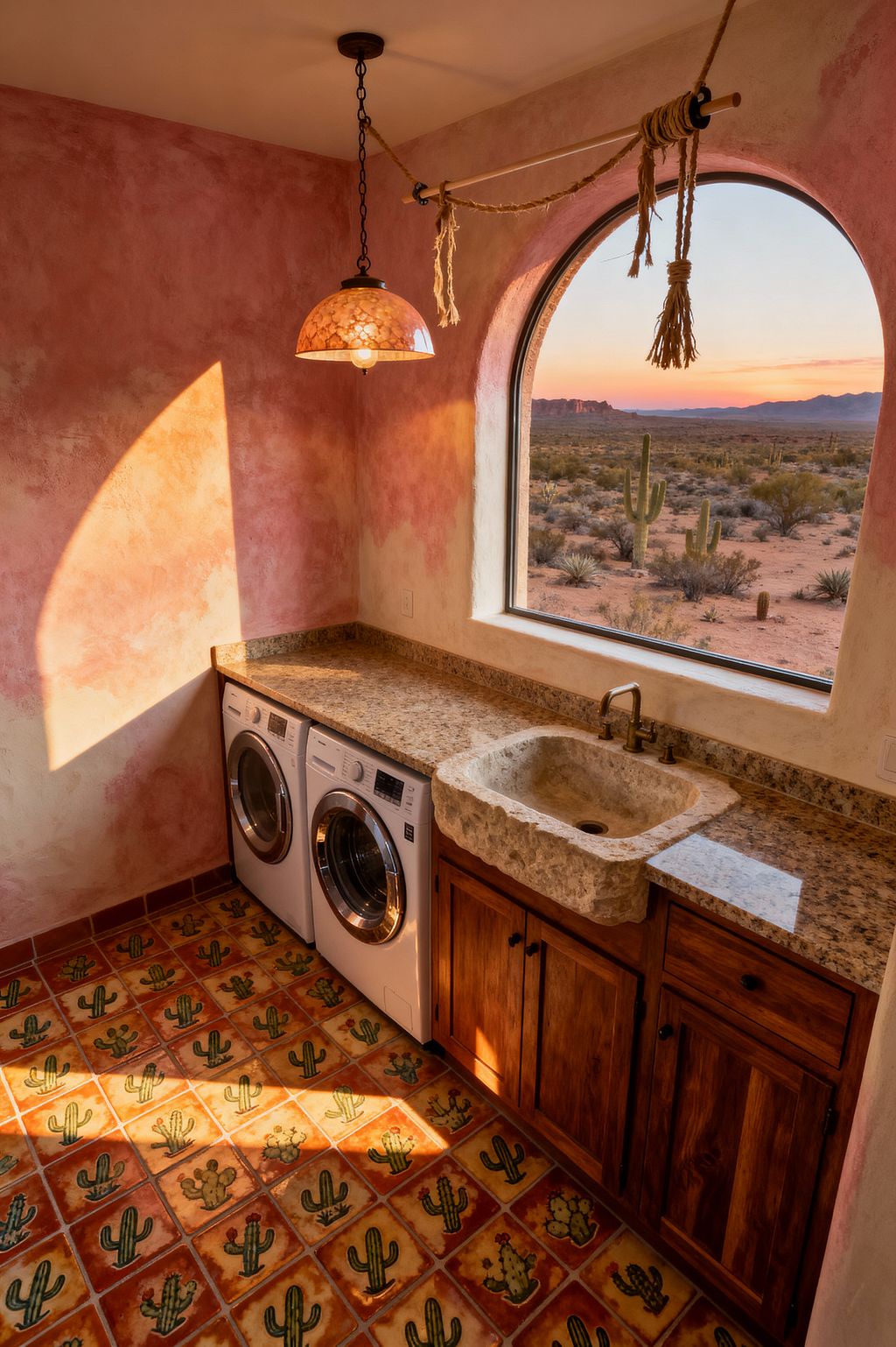 A compact Southwestern laundry room features a front-loading washer and dryer beneath a speckled tan granite countertop and a chiseled limestone apron-front sink set in warm knotty wood cabinets. Sun-burnished pink plaster walls, a large arched window overlooking a cactus-dotted desert at sunset, a rope-slung drying rod, an oil-rubbed bronze faucet, a dome pendant with amber mosaic tones, and hand-painted terracotta tiles patterned with green cacti complete the space.