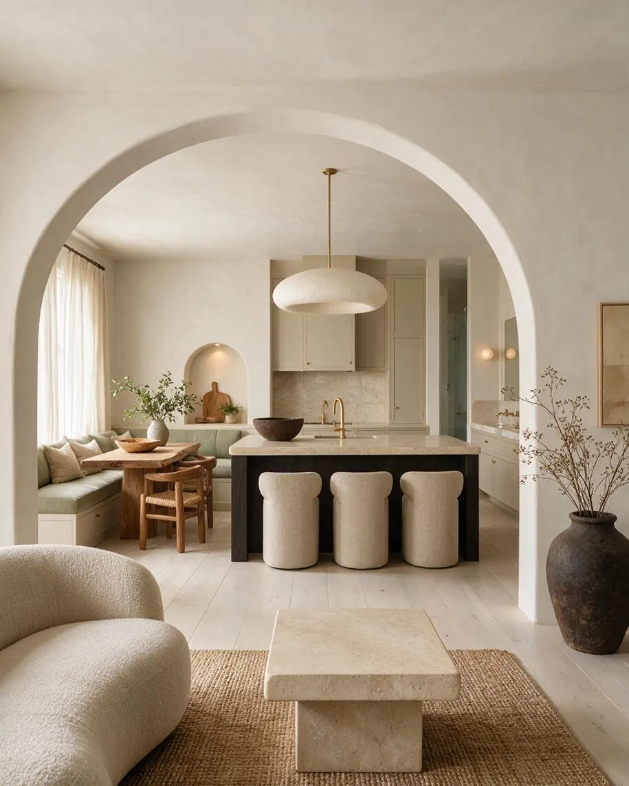 A warm organic modern kitchen framed by a large interior arch, with cream cabinetry, a pale stone island, and three rounded upholstered stools. A soft pendant hangs over the island, while a built-in banquette with muted green cushions, natural wood chairs, and layered neutral decor creates a serene, textural atmosphere.