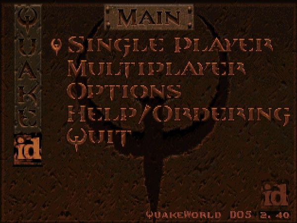 The image displays the main menu of QuakeWorld DOS, featuring various gameplay options.