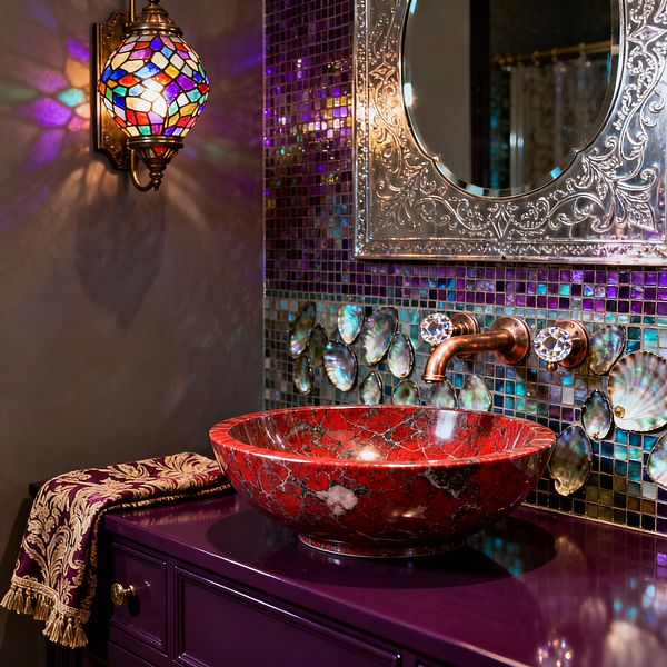 A jewel-toned bathroom vanity in glossy purple supports a red marble vessel sink beneath a wall-mounted copper faucet with crystal handles. The backsplash is a grid of iridescent glass mosaic tiles accented with abalone shell discs, set below an ornate silver-framed mirror. At left, a brass sconce with multicolored stained glass casts kaleidoscopic light across the wall, while a purple damask towel with gold fringe rests on the counter.