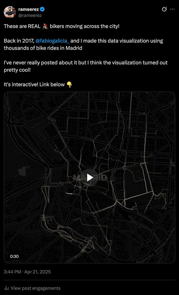 A tweet showcasing a data visualization of bikers in Madrid.