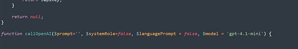 The image displays a code snippet related to a function for calling an AI model.