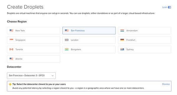 The image displays a user interface for creating virtual machines, specifically droplets, with various regional options.