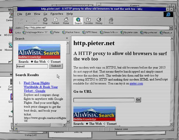 Screenshot of Microsoft Internet Explorer 4 search interface from 1997 with basic search input and keyword links.