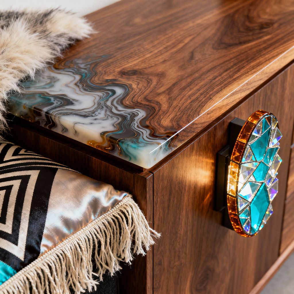 A close-up of a living room sideboard shows a walnut top partially coated with glossy resin that swirls milky white, black, teal, and amber, creating a fluid, marbled edge. On the cabinet front, a circular, faceted mosaic in turquoise with an amber border glints under warm light, while a satin throw in a black-and-cream geometric pattern with teal stripe and ivory fringe, plus a soft faux-fur accent, adds layered texture and a psychedelic, jewel-toned mood.