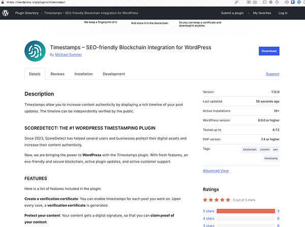 The image displays the WordPress plugin page for the Timestamps – SEO-friendly Blockchain Integration plugin.