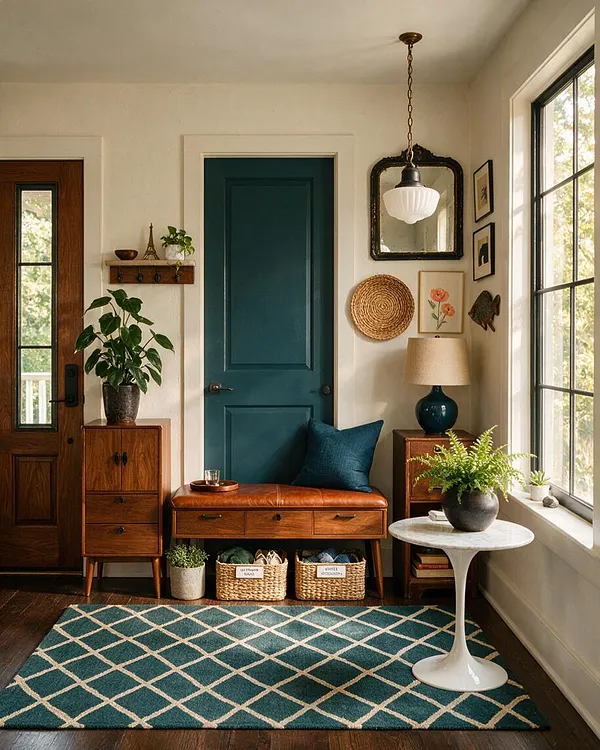 A cozy eclectic front porch with a teal door, warm wood furniture, a patterned teal rug, and layered decor including plants, framed art, a mirror, and woven baskets. Natural light fills the space from a large window beside a small round pedestal table.
