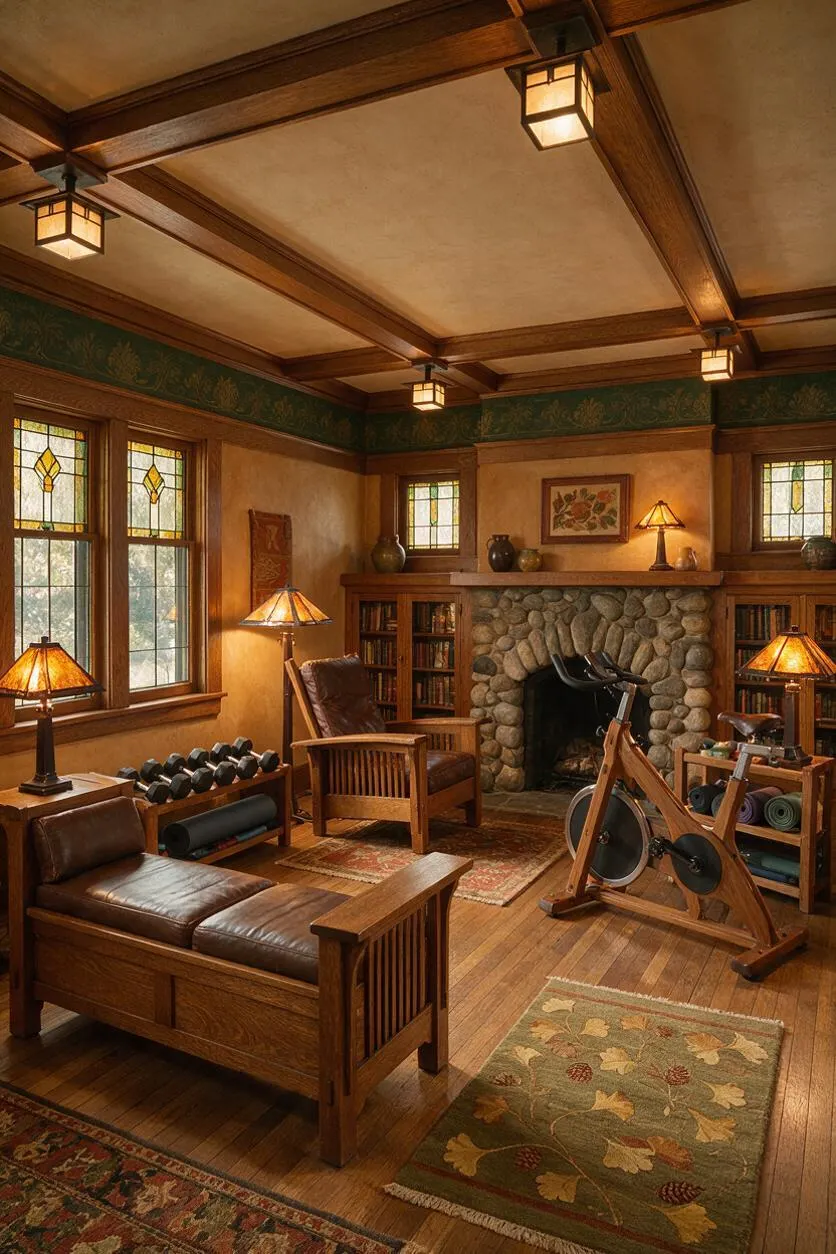A Craftsman-style home gym with exposed wood ceiling beams, stained glass windows, and a stone fireplace centered between built-in bookshelves. The room includes a wooden stationary bike, dumbbells, yoga mats, leather lounge seating, and warm table lamps, creating a cozy, library-like fitness space.