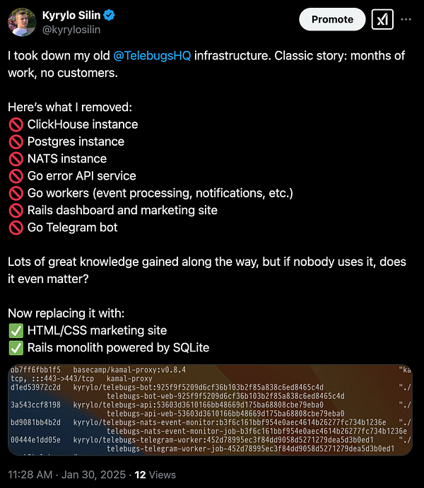 A tweet discussing the removal of infrastructure for TelebugsHQ, highlighting the transition to a simpler setup.