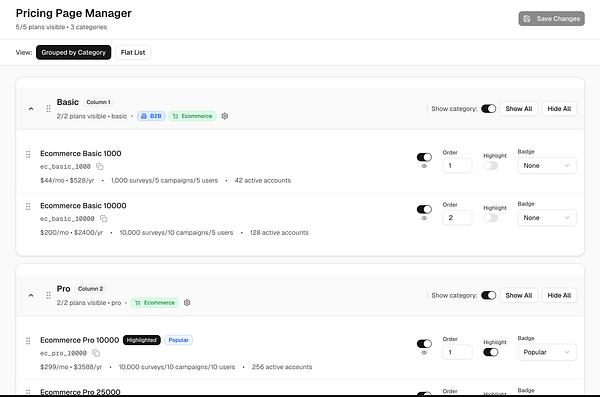 The image displays the Pricing Page Manager for an app, showcasing various pricing plans categorized under 'Basic' and 'Pro'.