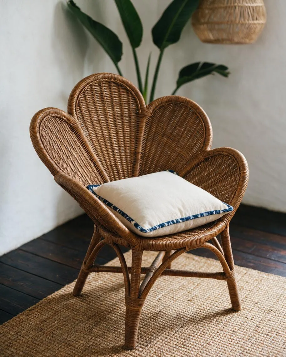 A tropical-style wicker chair with a peacock-shaped backrest sits on a natural woven rug against a white wall. It has a cream cushion with blue trim, dark wood flooring, and a leafy green plant in the background.