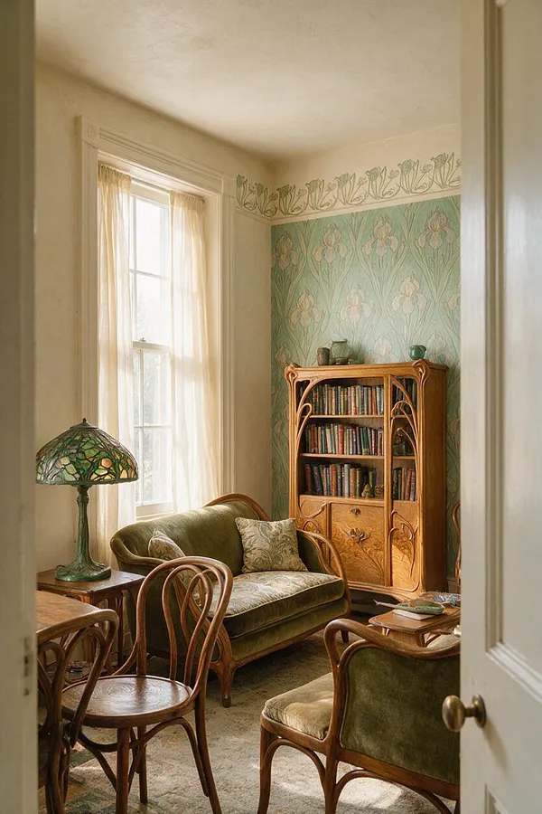 A cozy Art Nouveau living room with curved wooden furniture, green velvet seating, a stained-glass table lamp, and a tall bookcase filled with books. Pale floral wallpaper and a sunlit window with sheer curtains create a warm, elegant atmosphere.