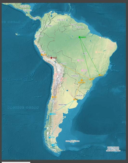 A map of South America highlighting various locations and potential travel routes.
