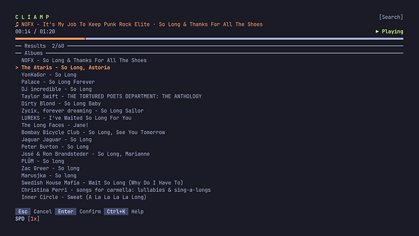 Screenshot of a terminal showing a patched CLI tool performing a Spotify search that returns albums and loads full records.